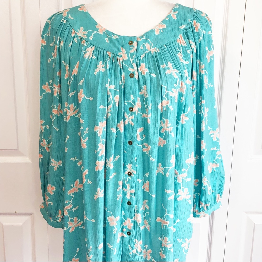 Canyon Retreat Turquoise Floral Button Up 3/4 Sleeve Blouse Large